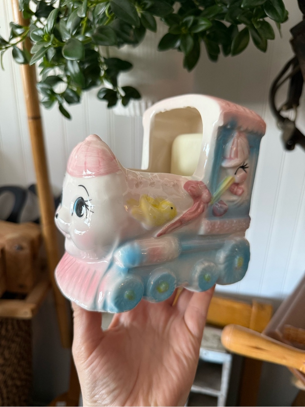 Vintage Pastel Ceramic Train Planter with Music Box